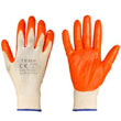 Gloves made of synthetic thread, nitrile coated, pair weight 40 gr. (white with orange coating).