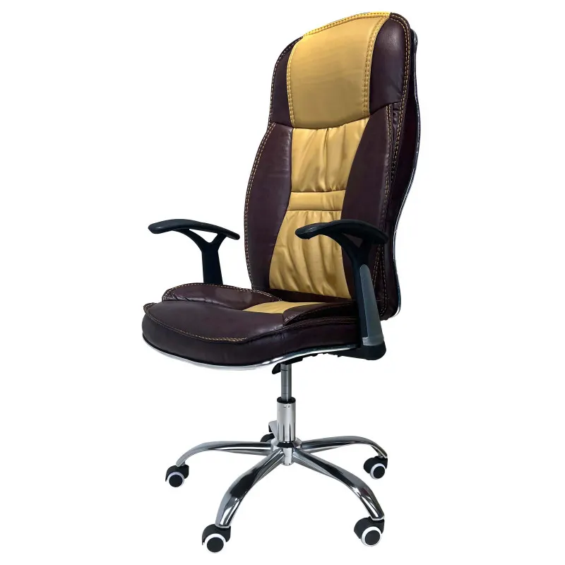 Office chair with adjustable mechanism. Metal legs, wings with adjustable height. The seat and backrest made of high-quality leather substitute
