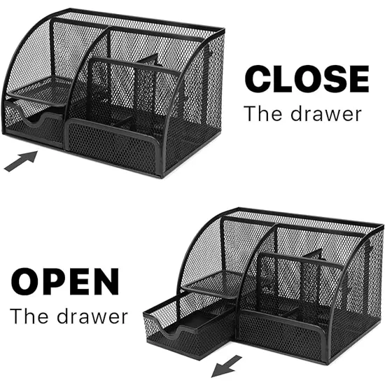 Large capacity mesh metal tray for stationery, 6 divisions
