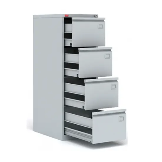 Metal filing cabinet for storing documents, hanging files (А4 & foolscape). 4 drawers, 1 central lock, size 1335*465*630mm, weight 56kg. Permissible load per drawer up to 30kg. Preorder, 30 days delivery.