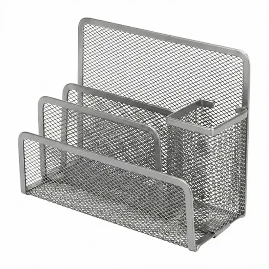 Desktop tray 4 sections: for paper notes, for pens, and clips. Metalic