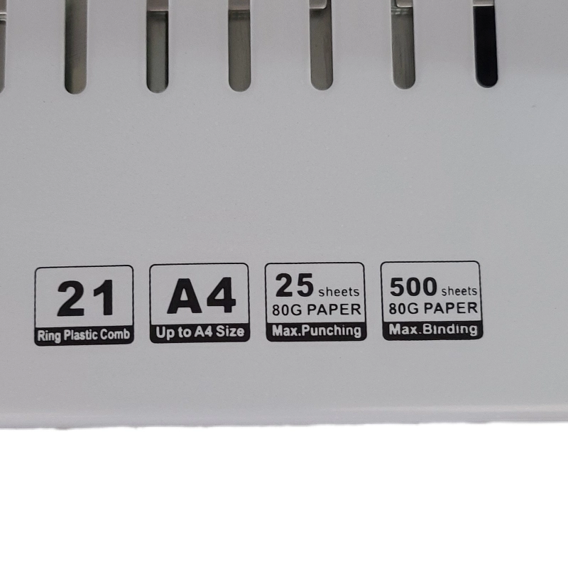 Plastic comb binding machine. Binds up to 500 pages of 80 gsm paper. Punches up to 25 pages at once