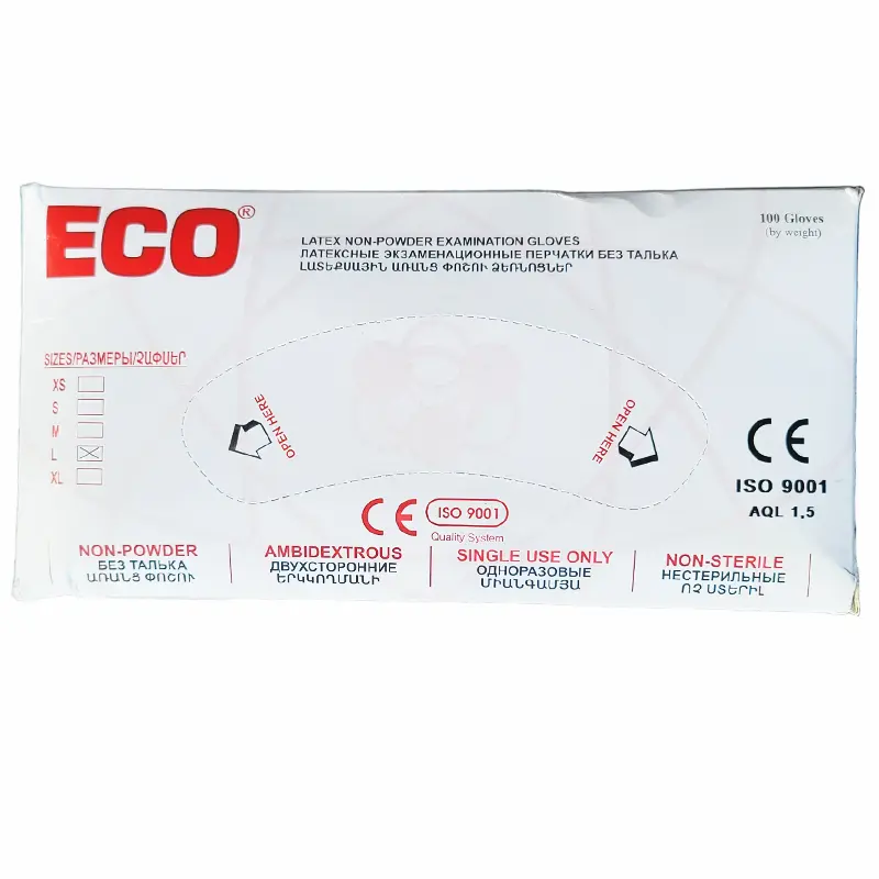 Белая коробка латексных перчаток ECO, размер M, 100 пар. Для гигиенической защиты рук, без талька.