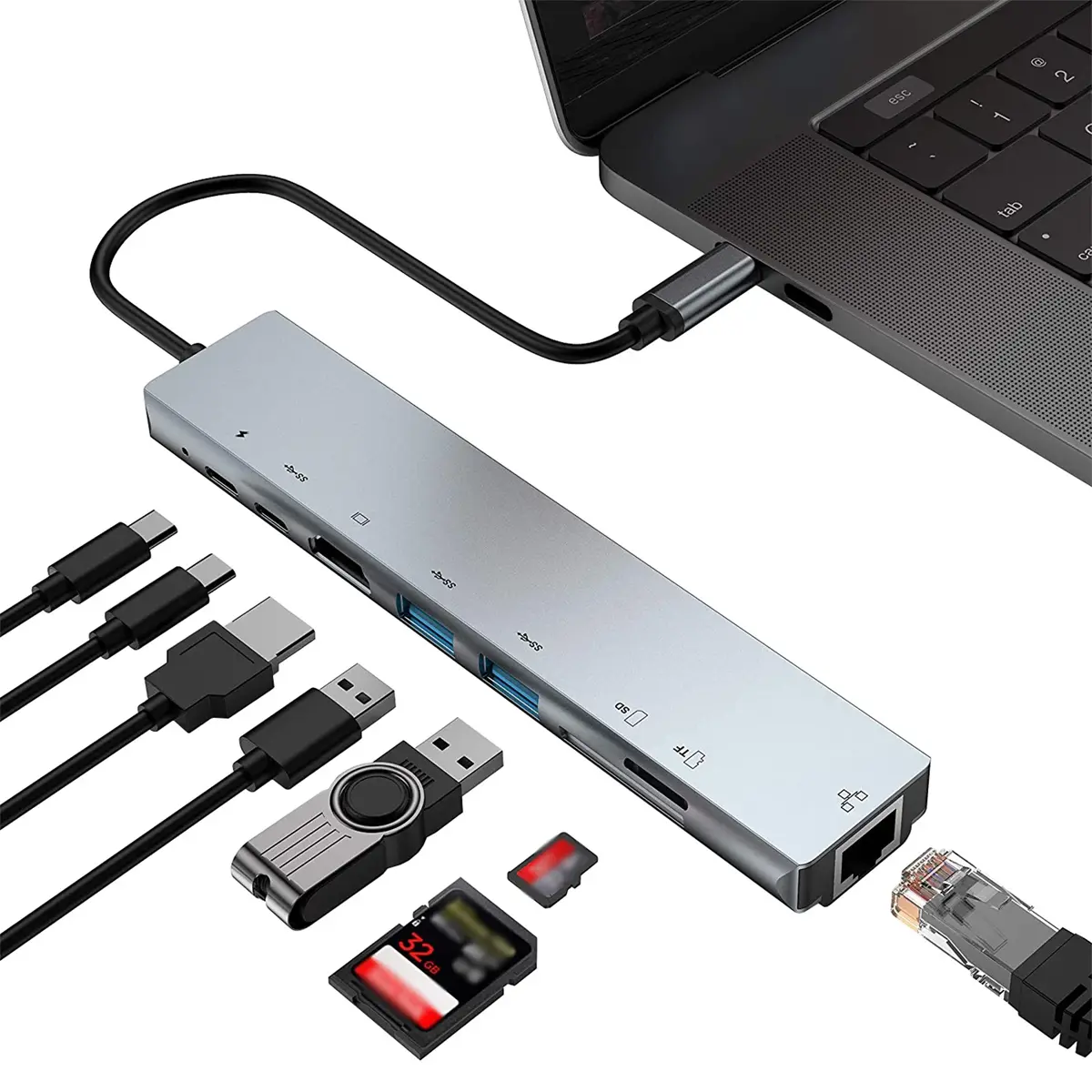 8 в 1-м, многопортовый адаптер USB C с HDMI 4K, мощность 100 Вт, порт USB C, USB 3.0, USB 2.0, RJ45 Ethernet, устройство чтения карт SD/TF