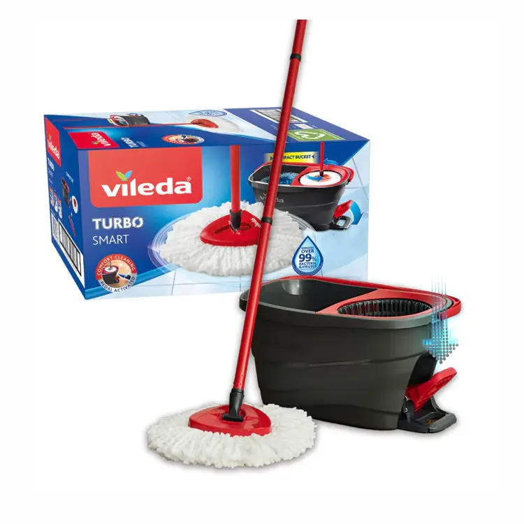 Vileda TURBO SMART floor cleaning system. Reach under furniture. Machine washable mop head. Easy to use