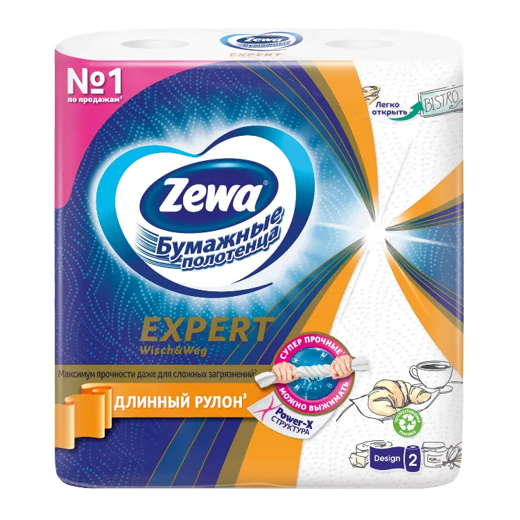 Кухонное полотенце Zewa Wisch & Weg, можно выжимать, в рулоне 72 листа, размер одного листа 26*24 см. В упаковке 2 рулона