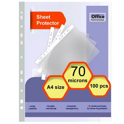 High quality sheet protectors, A4, polyethylene, 70 microns, transparent, 100 pcs in a pack