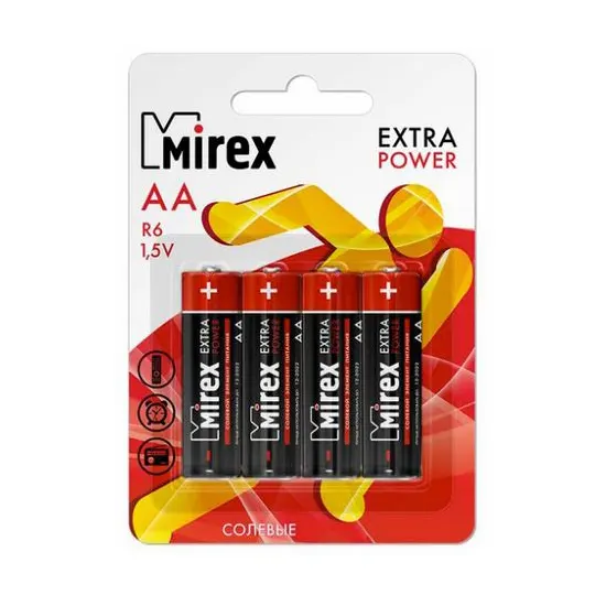 Батарейки цинко-хлоридные длительного пользования, AA, 1.5 В., R6 (пальчиковые),  в упаковке 4 шт
