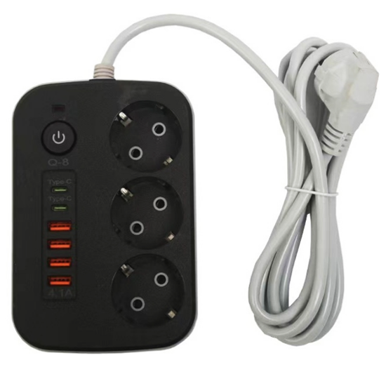 3 электрических и 4 USB, 2 Type-C розеток, с кнопкой выключения и прочным кабелем длиной 2 м, 10 А, 250 В