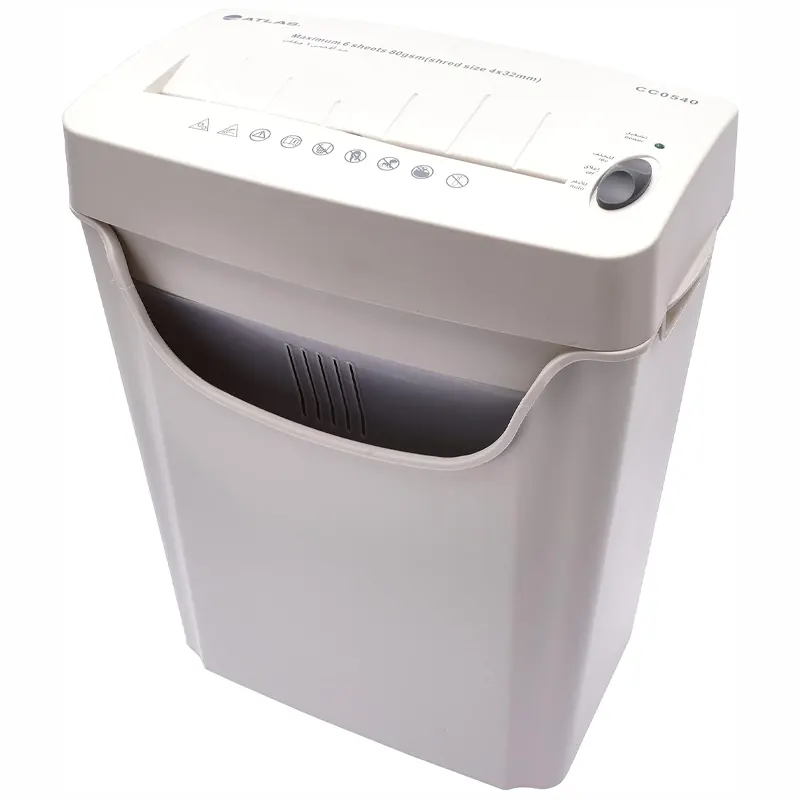 Cross-cut paper shredder with 14l wastebin CC0540, shreds paper into unreadable strips 4*32mm; 220 mm wide paper entry slot, Shredding capacity 6 pages. Auto start / stop. Weight 4.7kg. Input 230 Volt