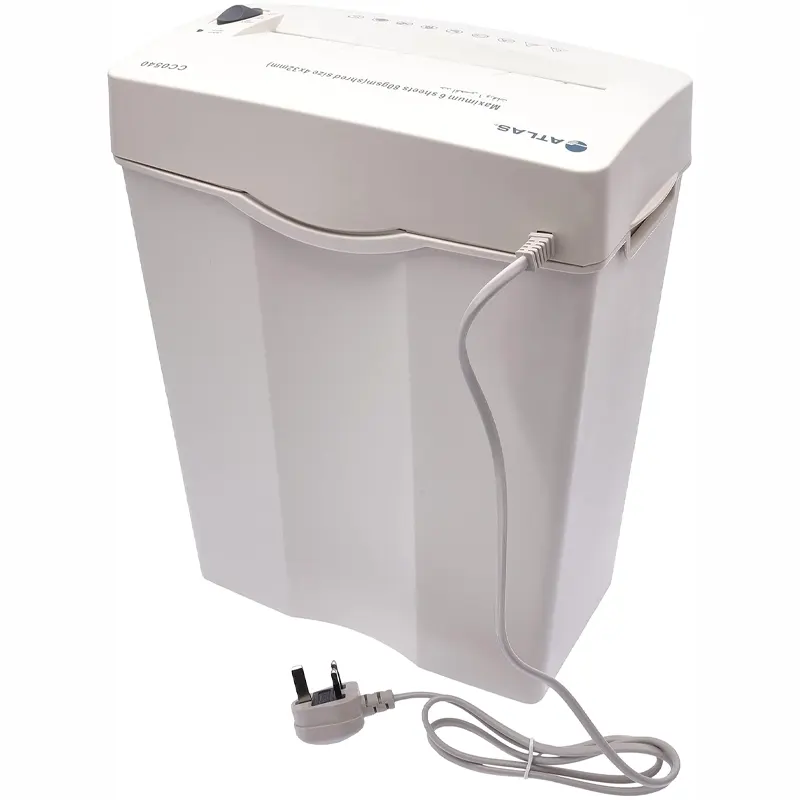 Cross-cut paper shredder with 14l wastebin CC0540, shreds paper into unreadable strips 4*32mm; 220 mm wide paper entry slot, Shredding capacity 6 pages. Auto start / stop. Weight 4.7kg. Input 230 Volt