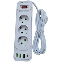 Удлинитель на 3 разъема, длиной 2 метра. С 3 портами USB и 1 портом USB Type-C.