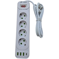 Удлинитель на 4 места, длина 2 метра. С 3 портами USB и 1 портом USB Type-C.