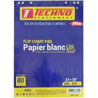 White flipchart pad with 20 sheets, size 810 x 585 mm, 80 gsm density, in blue Techno brand packaging with yellow accents.