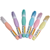 6 Techno correction pens 7ml in assorted pastel colors, featuring roller tips for precise paper corrections.