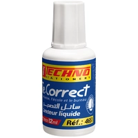 White correction fluid bottle with brush applicator, Techno brand, 12ml volume, for precise error correction on paper.