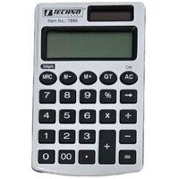 White-silver Techno pocket calculator 7886, 12 digits, (6 cm * 9 cm), with black keys. Designed for quick and accurate calculations.