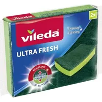 Губка Vileda, Ultra Fresh антибактериальная. Полностью антибактериальная губка! Абразив содержит ионы серебра и на 99,9% препятствующие размножению бактерий